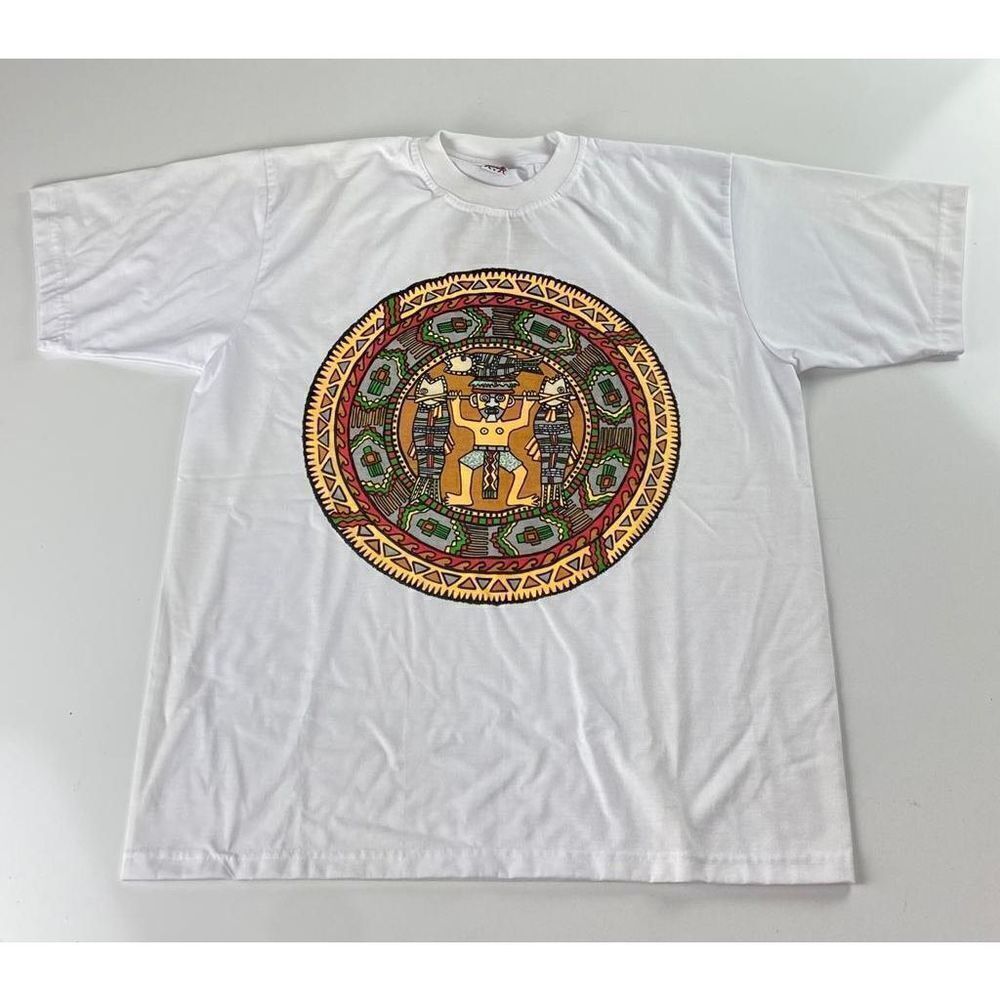Vintage Bali Primitive Tribal Design Short Sleeve Tshirt 100% Cotton Large White